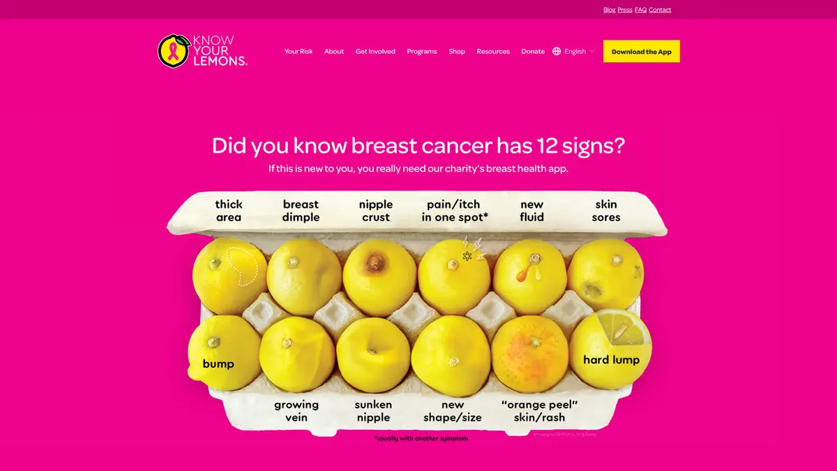 Know Your Lemons mobile app screens illustrating breast cancer symptom education