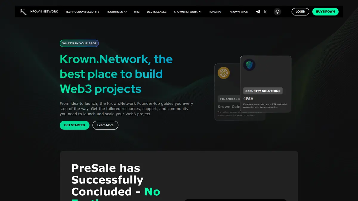 Krown Network Web3 platform interface showing token dashboard and staking panels