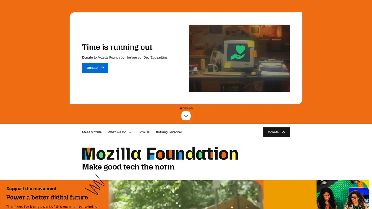 Mozilla Foundation donation and fundraising campaign pages rendered on desktop and mobile
