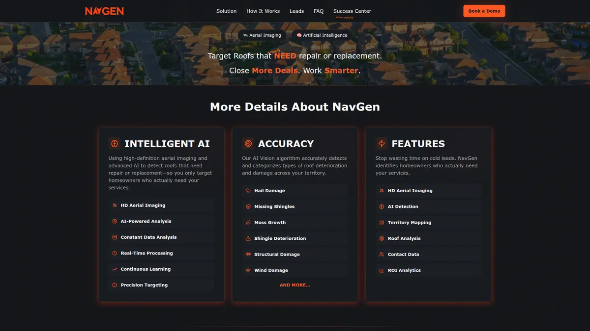 Aerial roof imagery with AI-detected damage areas highlighted in the NavGen inspection dashboard