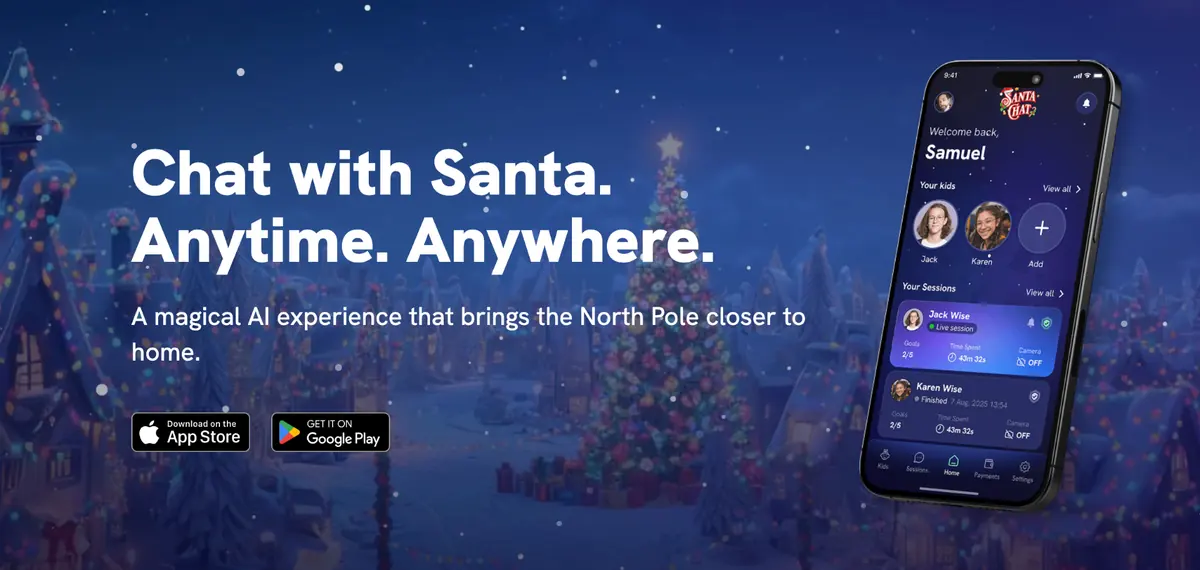 Santa Chat app conversation screen with a festive AI chat between Santa and a child